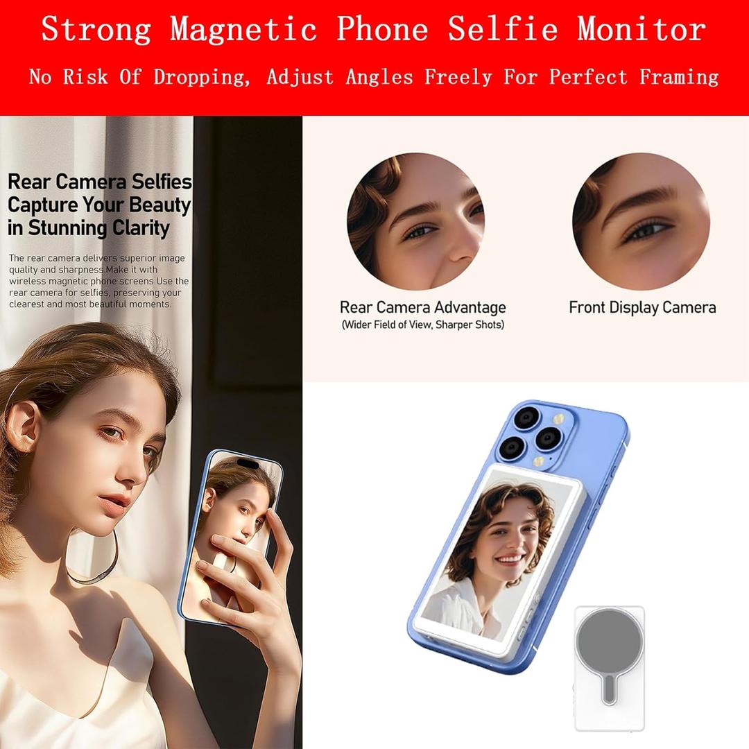Magnetic Phone Vlog Selfie Monitor Screen for iPhone & Android, Wireless Screen Mirroring Connection with Bluetooth Remote, Using Phone Rear Camera for Selfie Vlog Live Stream TikTok YouTube Black