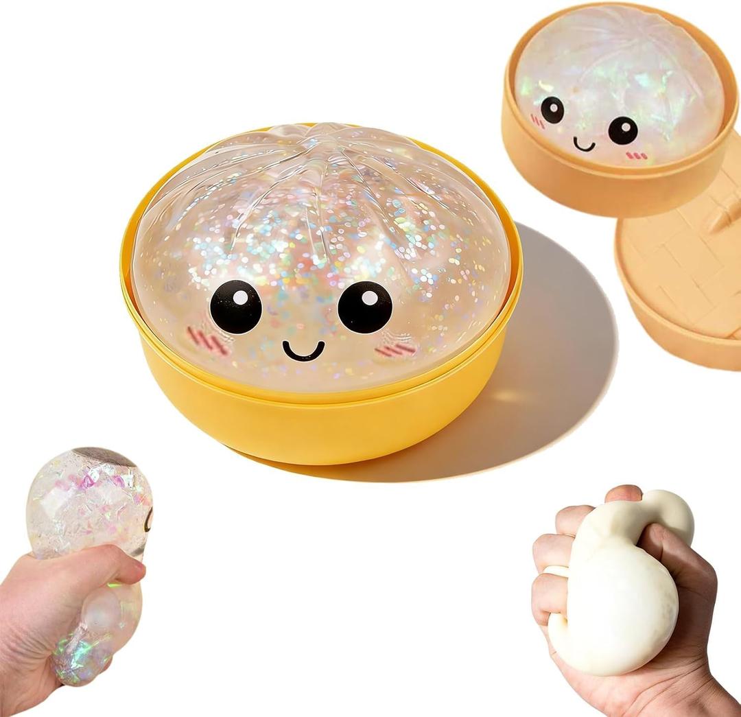 Dumpling Squishy Stress Ball,Jumbo Dumpling Stress Ball,with Steamer,Soft Squeeze Decompression Dough for Adults,Simulation Food Squishies Bun (White-1)