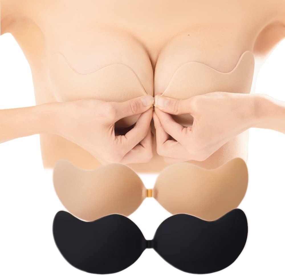 Sticky Bra, Backless Strapless Bra Push Up, Adhesive Invisible Lift Up Bras 2 Pairs (Beige, L)