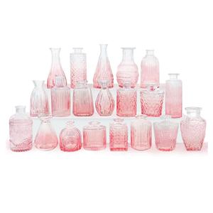 Pink Glass Bud Vases Set of 20 - Mini Vintage Vases for Wedding Decorations Home Table Flower Decor, Small Carved Design Glass for Centerpieces
