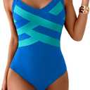 One Piece Swimsuit for Women Modest Full Coverage Bathing Suit Slimming Color Block V Neck Swimwear (Blue, S)