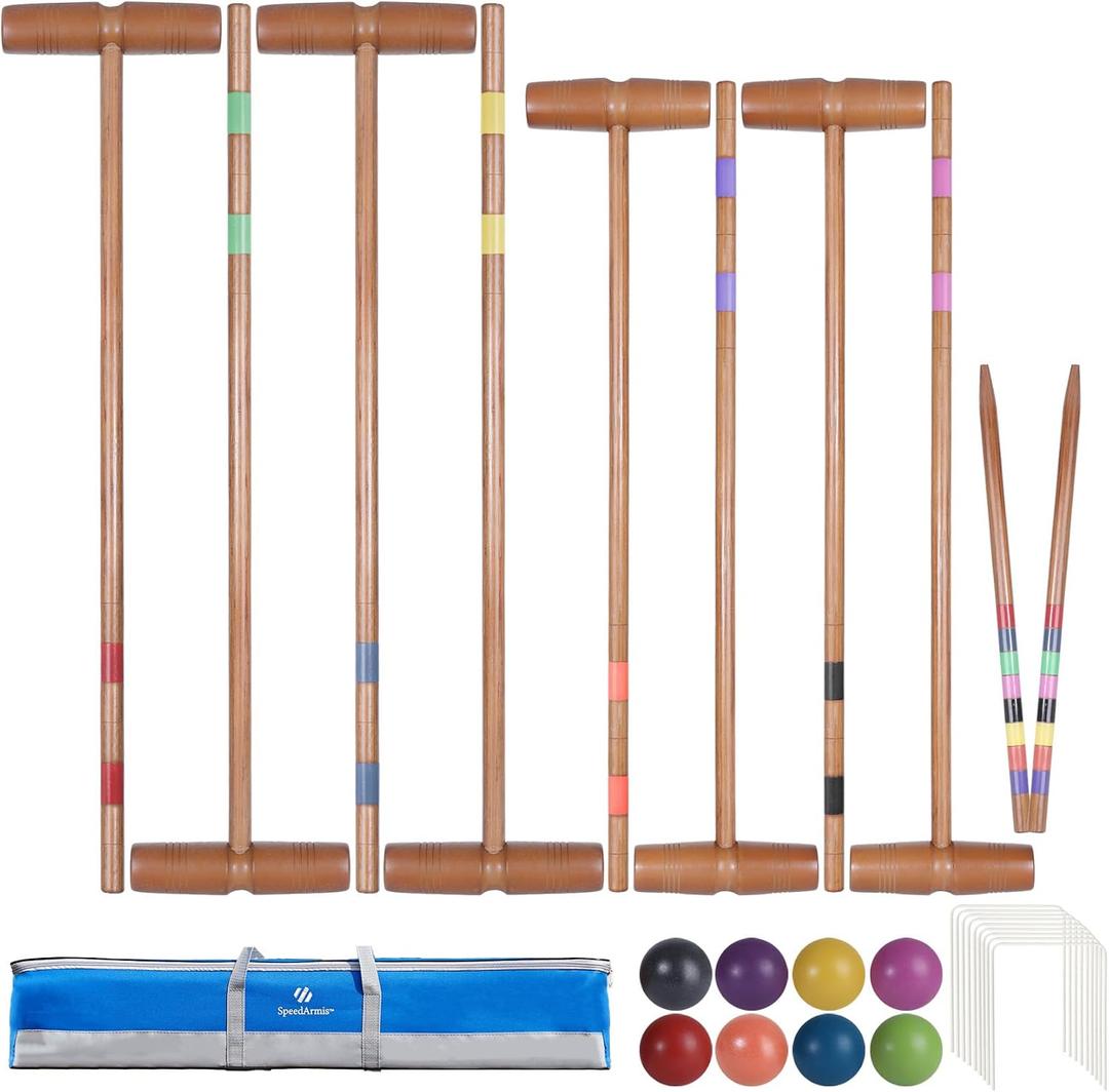 SpeedArmis Brown Croquet Set for Adults - 8 Players Croquette Kit with 35In Deluxe, 32In Regulation Size Rubber Wood Mallets, Colored PE Ball, Wickets, End Stakes, Lawn Backyard Game for Families