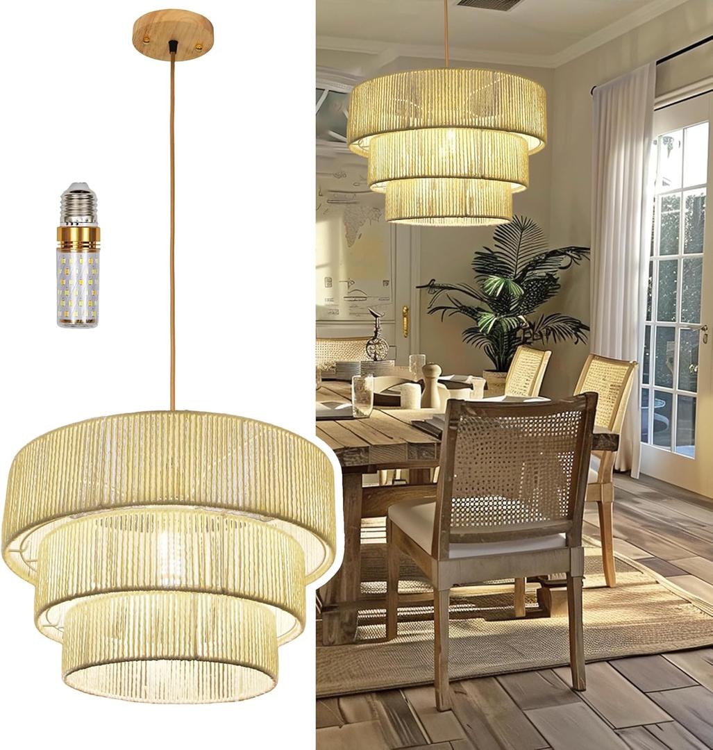 Rattan Boho Chandelier with LED Bulb Woven Pendant Light Basket for Living & Dining Room(15.7"-style B-white)