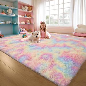 6x9 Rainbow Shaggy Kids Unicorn Rug for Girls Bedroom, Fluffy Fuzzy Soft Plush Pastel Large Area Rugs for Living Room,Washable Non Slip Nursery Boys Dorm Room Carpets