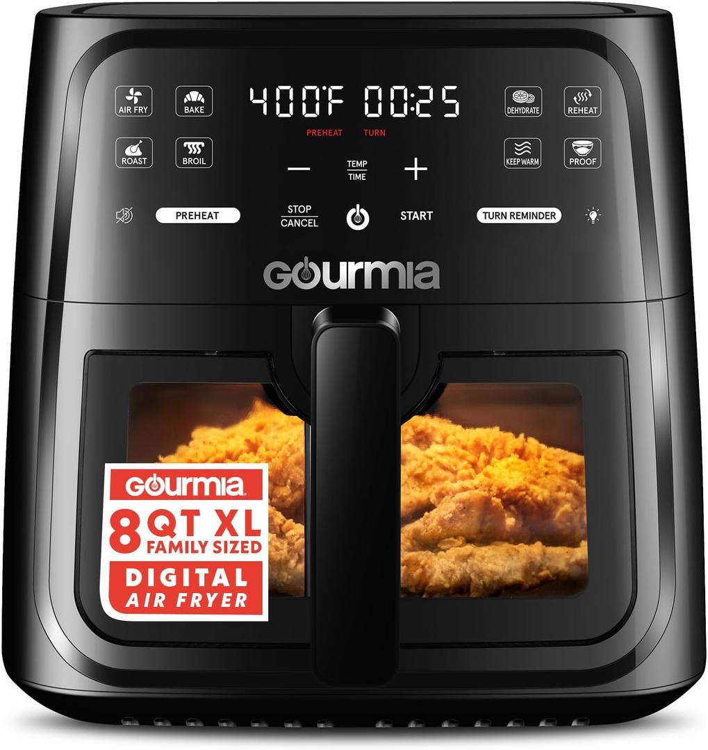 Gourmia 8 Qt Air Fryer, 8 Presets with Digital Display, FryForce 360 Technology, Easy View Window & Interior Light, Dishwasher Safe Basket, Black (Countertop)
