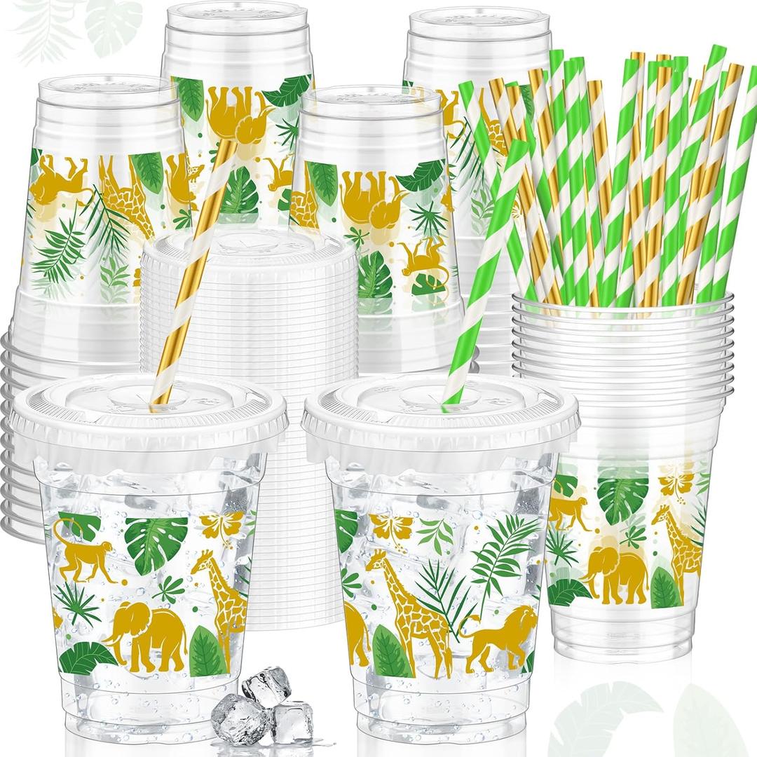 FoldTier 50 Pcs Jungle Safari Animals Cups Disposable Plastic Cup 12 oz Golden Green mugs Thick Wild Theme Clear Mugs Lids Straws Birthday Party Supplies Birthday Party Favor Table Decorations