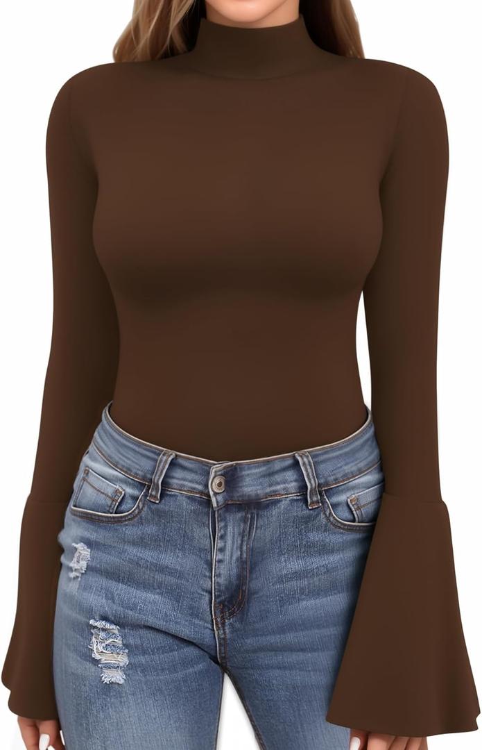 MANGOPOP Long Sleeve Mock Neck Shirts for Women Bell Sleeve Turtle Neck Tops Basic Going Out Tee Blouse (Large, Coffee)