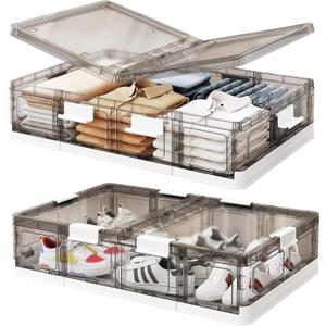 Kitstorack 2 Pack Plastic Under Bed Storage Bins with Lids and 8 Pre-installed Wheels,Rolling Low Rrofile Under bed Containers Box for Clothes Shoes, 37.8 Qt, Long, Clear, Flat, Large