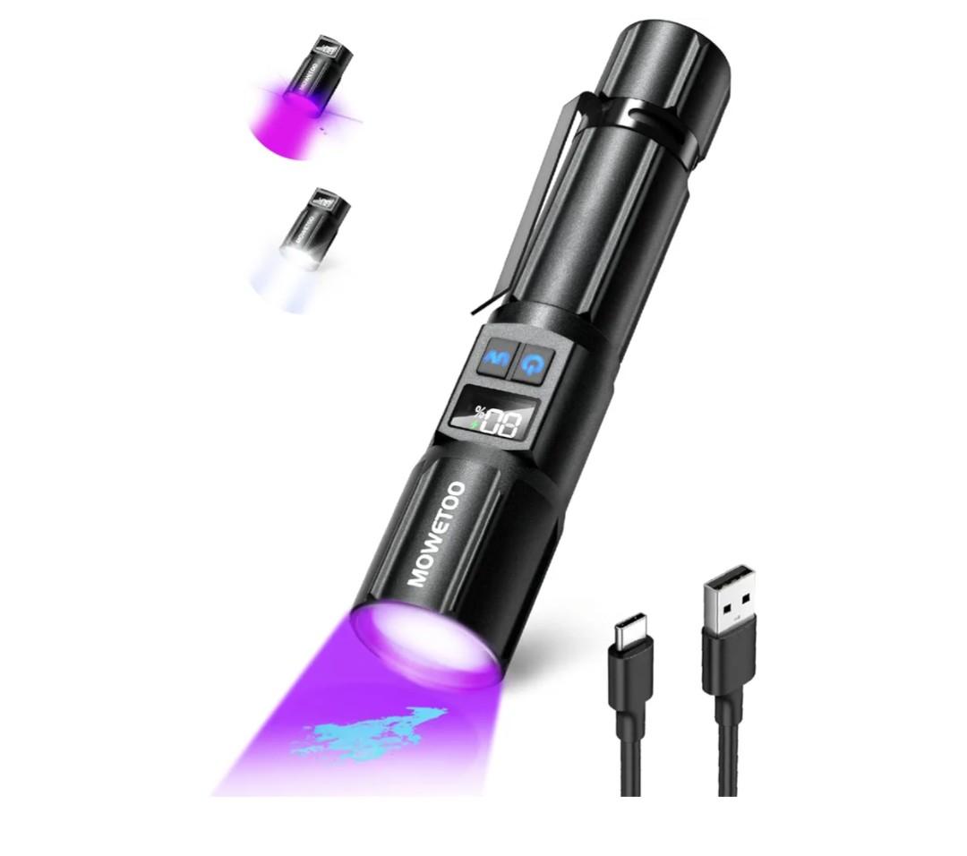 Black Light Flashlight, UV Light USB C Rechargeable with LCD Display, Zoomable Woods Lamp 2N1, 395NM Blacklight for Pet Urine Detection, Resin Curing, Rocks, Travel, Minerals, Scorpion, Glass, Leak