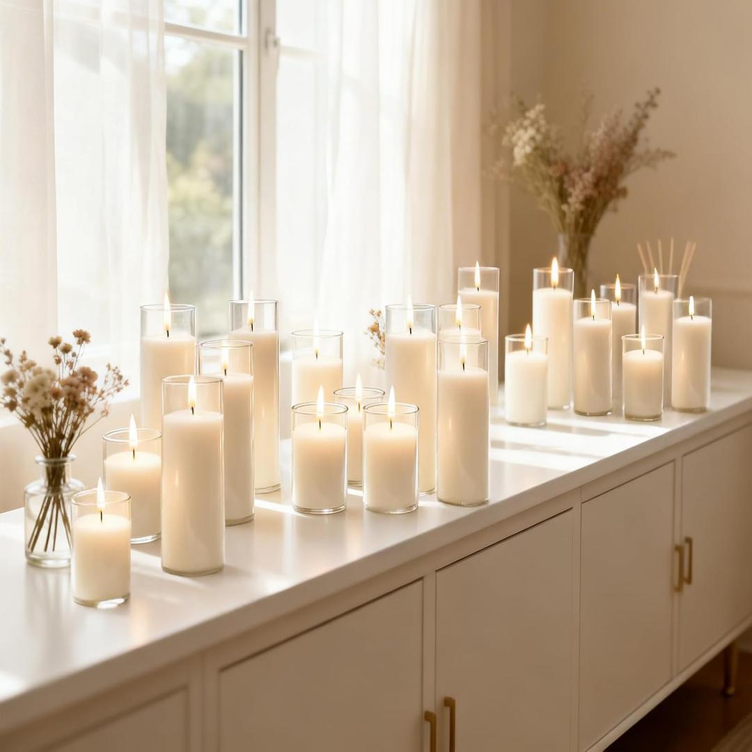 36 PCS Pillar White Candles in Glass,Hurricane Candles,Wedding Cylinder Candle,3 Different Lengths 2 x 3/6/8 Inch (12 Each),Creating an Atmosphere Suitable for Various Outdoor Activities.