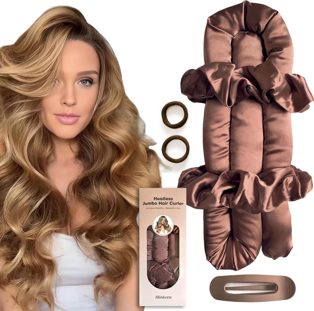 Jumbo Heatless Hair Curler Set-Satin Heatless Curls Overnight, Jumbo Curling Rod Headband, No Heat Curlers To Sleep in (Brown)
