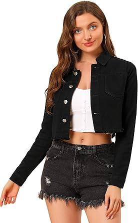 Allegra K Women's Denim Jackets Cropped Jean Jacket Trendy 2026 Lapel Long Sleeve Button Up Spring Summer Outfits Large Black