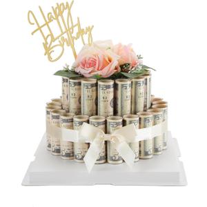 Money Cake - No DIY - Fake Rose Flower Cake Gift Boxes Birthday Gifts for Her and Him Gift Ideas,Surprise Money Box for Cash Gift Pull - 2 Tier Dispenser