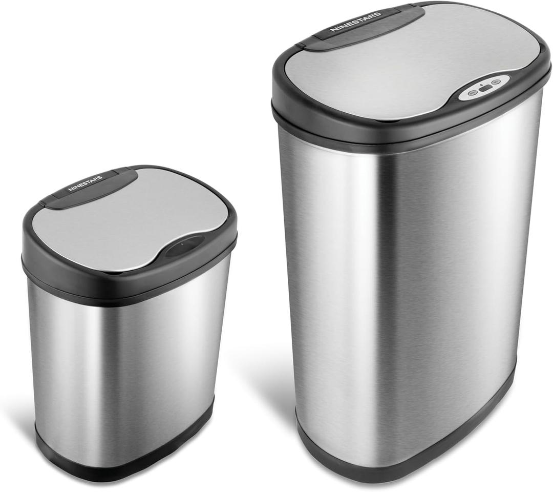 NINESTARS CB-DZT-50-13/12-13 Automatic Touchless Infrared Motion Sensor Trash Can Combo Set, 13 Gal 50L & 3 Gal 12L, Stainless Steel Base (Oval, Silver/Black Lid)