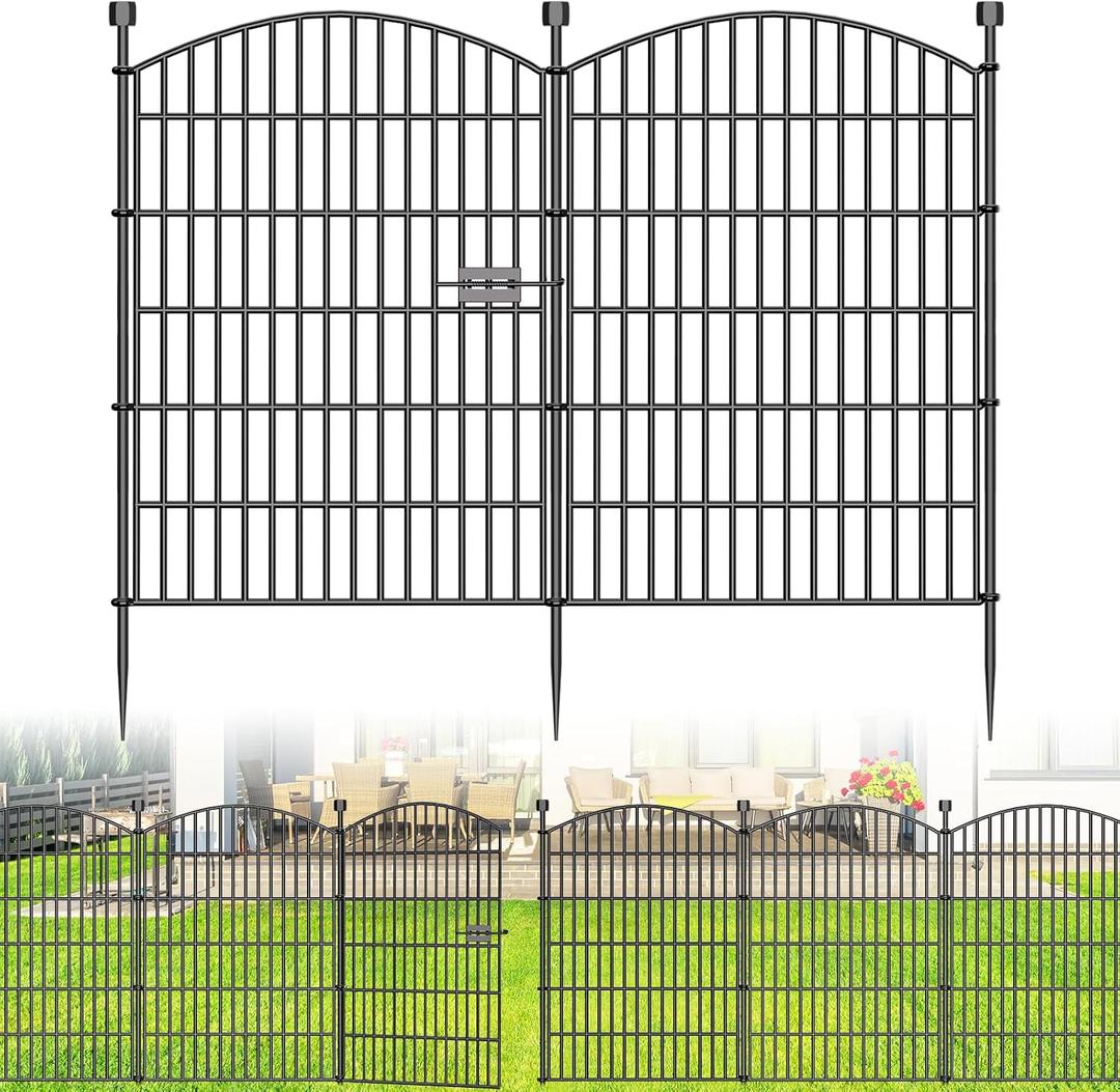 10 Panels No Dig Decorative Garden Fence with Gate - 40 in (H) x 23.6 ft (L), Dog Fence Outdoor for Yard, Rustproof Metal Animal Barrier Ground Stakes Fencing for Garden, Patio, Flower Bed