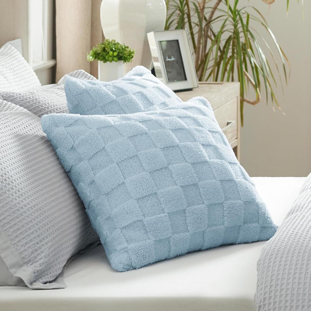Bedsure Throw Pillow Covers - Pack of 2, 18x18 Pillow Cover, Soft, Cozy, Fluffy, Checkered Design, Home Decor for Sofa, Couch, Bed, Sea Blue