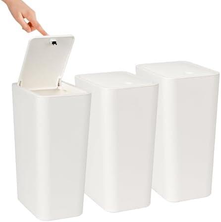 3-Pack 2.6 Gallon Trash Can with Soft-Close Lid, Slim Small Bathroom Garbage Bin, White Modern Wastebasket for Bathroom, Bedroom, Office, Kitchen - Compact Design