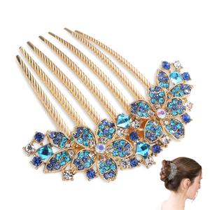 NIIIYTYB Decorative Hair Combs for Women Teal Rhinestone Flower Hair Comb Jeweled Decorative Hairpin Barrette Fancy Clip Accessories Rhinestone Brooch Elegant Comb for Women Floral Blue Ornament