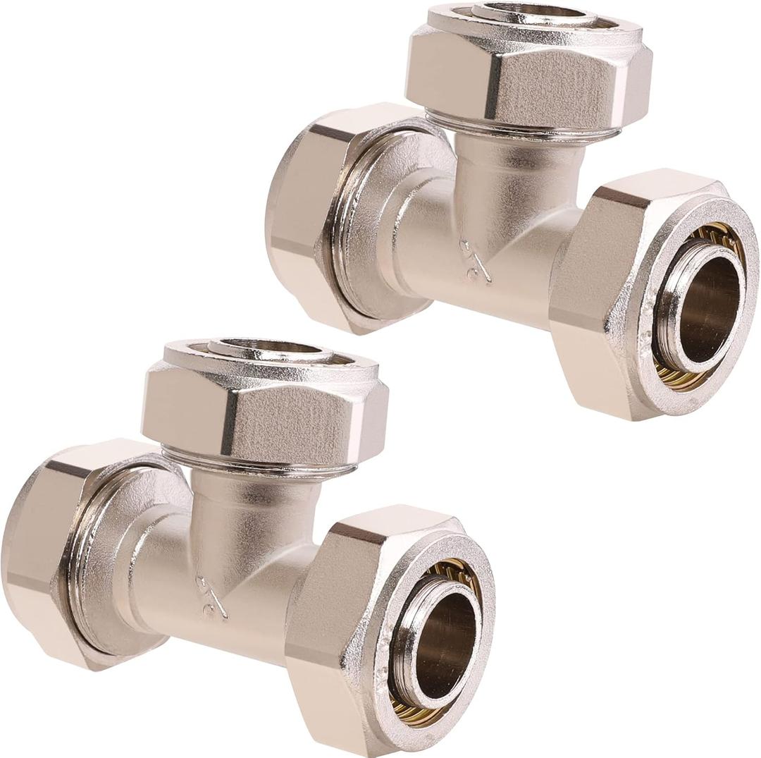 2PCS 3/4 Tee Air Piping Fittings, 3/4 Tubing x 3/4 Tubing x 3/4 Tubing, Brass-Nickel Plated, 200PSI Working Pressure, Air Line Fittings for Shop Garage Compressed Air Tube System