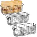 3 Pack Metal Wire Storage Baskets for Shelves, Pantry, Closet, Long Narrow Organizer Bin (Black, 16 x 6 x 6 In)