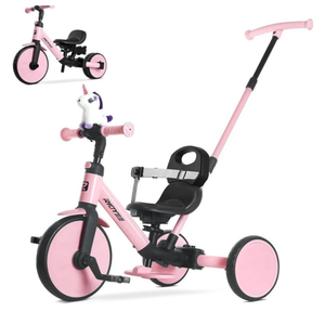 RIDYEE 5in1 Toddler Tricycle for Ages 1.5–3, Parent Steering Push Trike, ToolFree Convertible to Balance Bike, Safety Belt, Removable Backrest and Footrest, RideOn Toy for Boys & Girls, Pink
