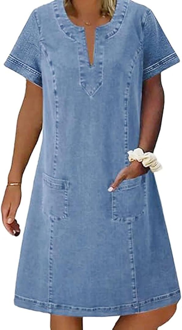 loveimgs Women Casual Short Sleeve Denim Dress V Neck Tunic Mini Jean Shift Dress Jumper Knee Length Boho Sundress Pocket (Blue, L)