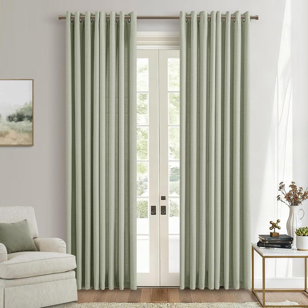 Light Sage Green Linen Curtains 84 Inch Length 2 Panels Set, Flax Bronze Grommet Semi Sheer Privacy Light Filtering Boho Neutral Farmhouse Living Room Bedroom Window Curtains Drapes 84 Inches Long