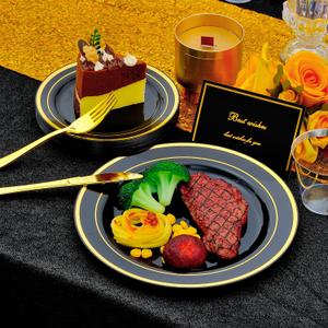 350pcs Black and Gold Dinnerware Set for 50 Guests, Graduation Plates, Black Plastic Plates with Gold Rim for Party -50 Dinne/Dessert Plates, 150 Silverware Set,50 Napkins and Cups