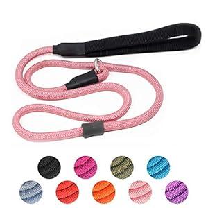 Strong Slip Rope Dog Training Leash (6ft) - Heavy Duty Durable Braided Nylon Lead with Rubber Stopper & Padded Handle - No Pull Walking for Medium Large Dogs (Army Green, 1/2" x 6ft) Pink
