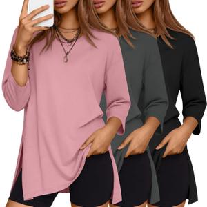 Huukeay 3 Pack Women's Oversized T Shirts Workout 3/4 Sleeve Top Loose Side Split Gym Elbow Crewneck Casual Clothes Tee (Large, Black, Drak Gray, Rose Pink)
