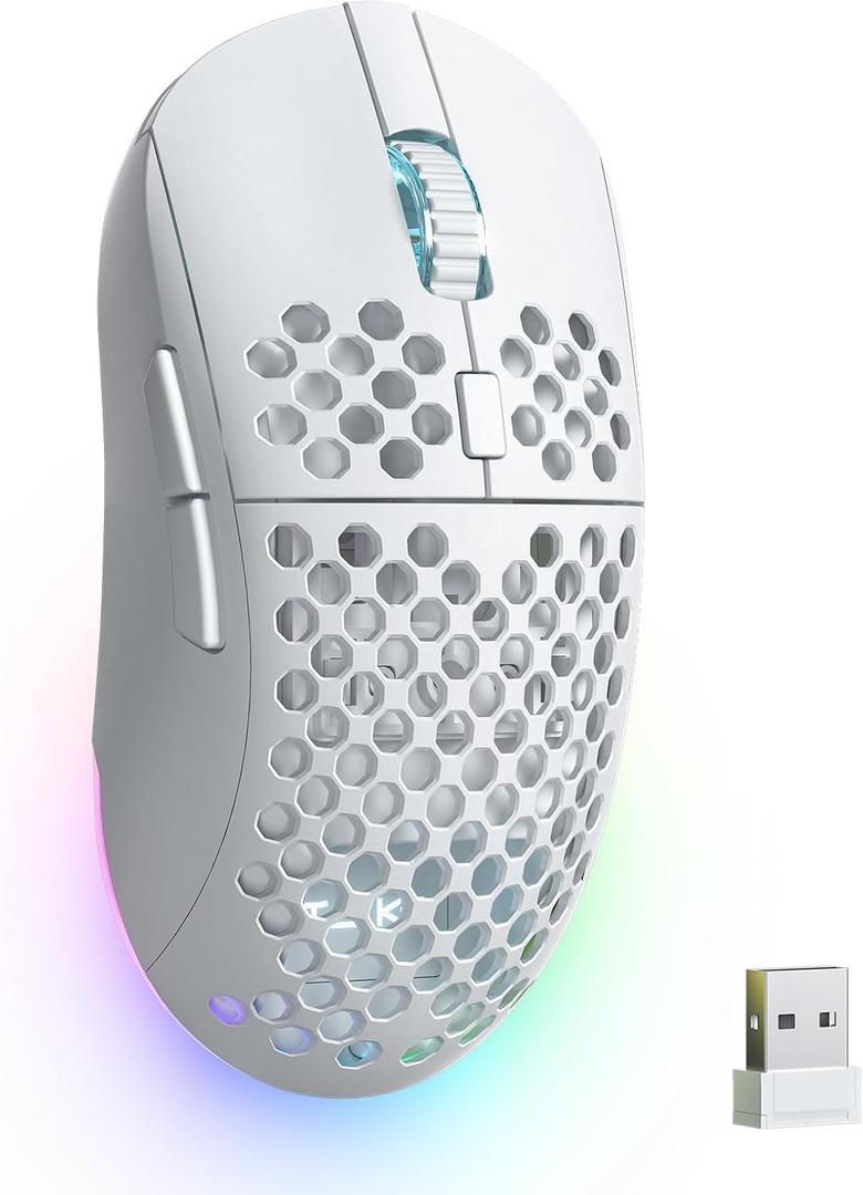 TMKB Wireless Gaming Mouse, 24000DPI Optical Sensor, 180Hrs Battery, Lightweight, 6 Programmable Buttons, RGB Strip, 2.4G/BT5.2/USB-C Wired for PC/Mac/Laptop - Matte White