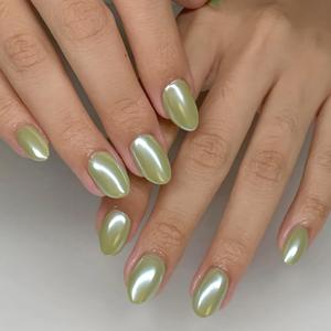 32Pcs Green Press on Nails Chrome Fake Nails Short Oval False Nail Solid Color Glossy Full Cover Reusable Artificial Stick on Nail for Women Manicure Kit