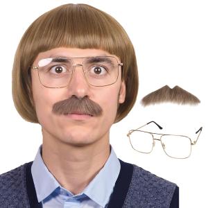 FantaLook Short Straight 60 70s Bowl Cut Funny Wig with Glasses and Mustache for Men Crazy Mushroom Cosplay Wig for Halloween (Light Brown)