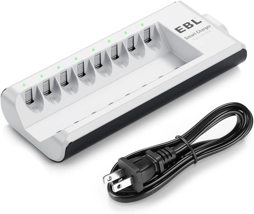EBL AA AAA Battery Charger, 8-Bay Individual Charger for NiMH NiCD Rechargeable Batteries with AC Plug Fast Charging - White