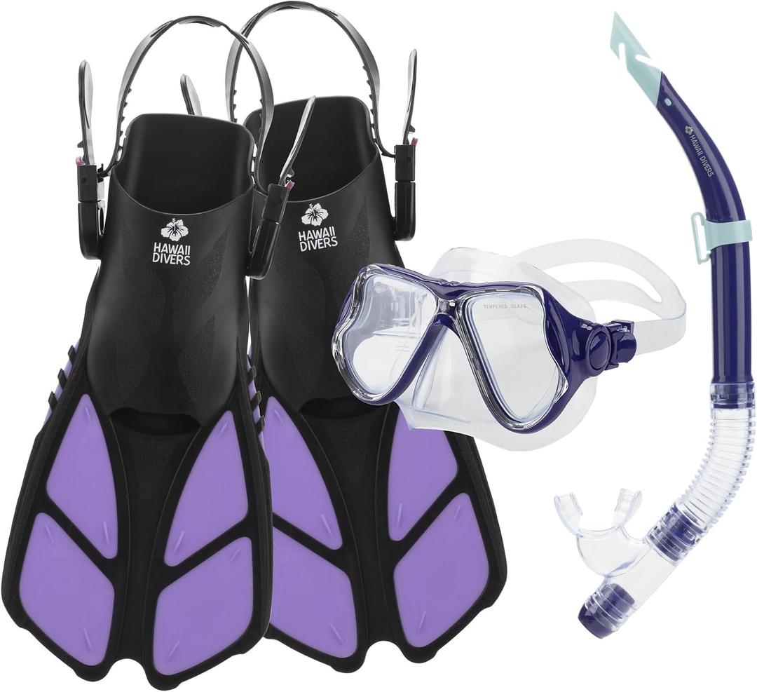 Hawaii Divers Manta Ray Adult Snorkel Set - Premium 2-Window Tempered Glass Snorkel Mask with Silicone Mouthpiece, Snorkeling Gear for Adults