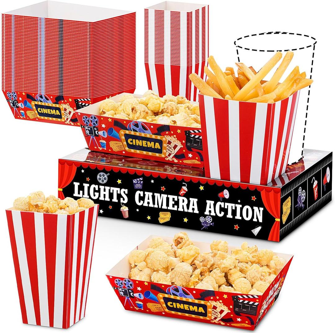 AmazingSpark 108 Pcs/ 36 Sets Movie Night Snack Trays Popcorn Boxes Cardboard Popcorn Buckets Containers Food Trays for Theater Party Decorations(Movie Night)