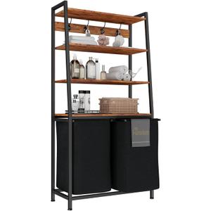 Furnulem 4 Tiers Laundry Hamper with Shelf and Hooks, Tall Laundry Basket Sorter with 2 Removable Bags, Double Clothes Hampers Organizers for Bathroom Bedroom