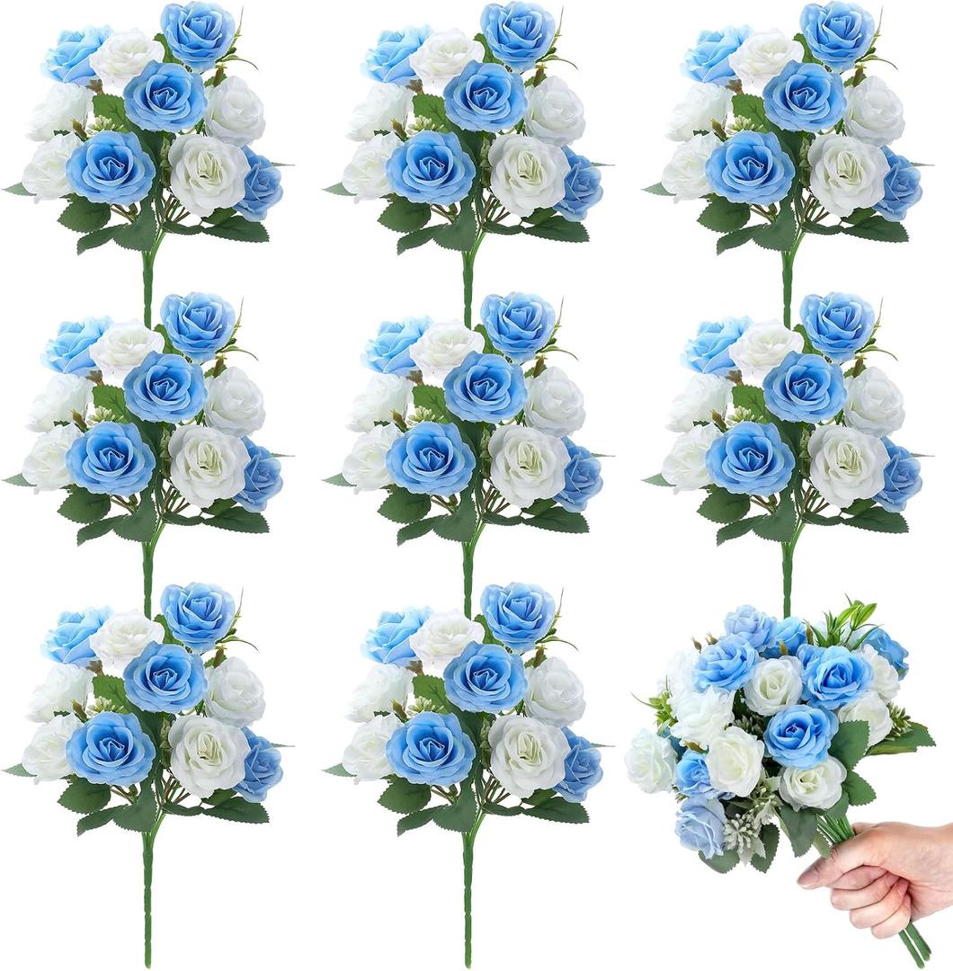 Zeyune 8 Pack 12 Inch Blue and White Roses Artificial Flowers with Long Stem 80 Head Fake Blue Rose Silk Flowers for Wedding Bridal Bouquet Baby Shower Table Centerpieces