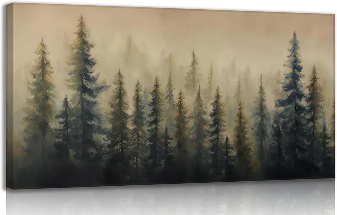 Large Misty Forest Landscape Canvas Wall Art Green Pine Tree and Foggy Mountains Scenery Picture Wall Decor Abstract Nature Woodland Poster Oil Painting Print Artwork for Living Room Bedroom Office (48"L x 24"W)