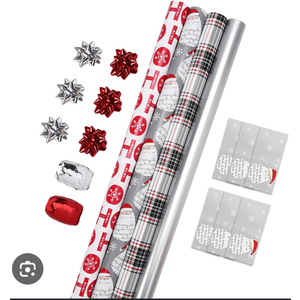 LaRibbons Christmas Wrapping Paper Set, Classic Santa Face & Plaid Design with Gift Bow & Ribbons & Tags, Perfect for Christmas, Holiday, Winter Party, Xmas, 30 Inch X 10 Feet (4Rolls, 100 sq.ft.ttl.)