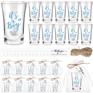 Pickmesh 50 Sets Baby Shower Favors Boy Girl Theme Party Gift Include Acrylic Clear Shot Glasses Thank You Tag Organza Bag Twine for Baby Shower Tea Party Gender Reveal (It's A Boy, Blue) (1.69 x 2.6 inches)