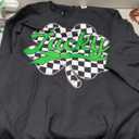 Retro Checkered St Patricks Day Lucky Shamrock Coquette Bow Sweatshirt, Size Small