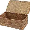 Moosky Wicker Shelf Baskets with Lid,Handwoven Seagrass Basket for Storage Basket Bins Rectangular Home Organizer Gift Boxes (Natural Small)
