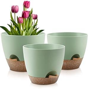 QRRICA Plant Pots 10/ 9/ 8 Inch Self Watering Pots, Set of 3 Plastic Planters with Drainage Holes and Saucers, Plastic Flower Pots, Nursery Planting Pot for Indoor Out Door Plants (Green）