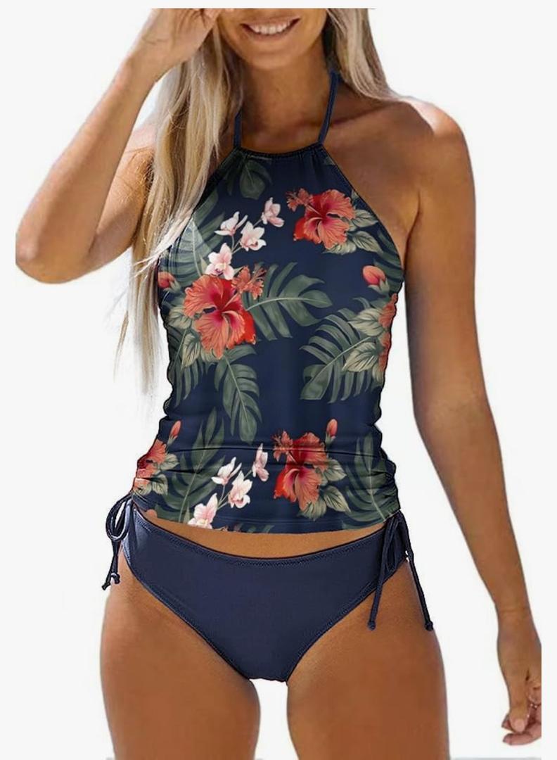 Womens Two-Piece Tankini Set Cow Skull with Leopard Print Sets Swimwear Tankini Top Sets Swimwear C Flower, Small Size