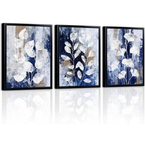 LevvArts Botanical Leaves Wall Art Framed Navy Blue and White Painting Canvas Prints Blue Bathroom Wall Decor