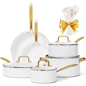 Ceramic Cookware Set, VONIKI 16 Pcs Pots and Pans Set Non Stick, Kitchen Cookware Sets with Cooking Utensils Set, Non Toxic Cookware Set White Gold Pan Set for Cooking Pot Oven & Dishwasher Safe, Gift
