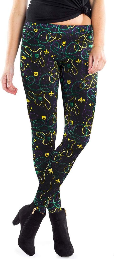 2 x Tipsy Elves Mardi Gras Leggings - Comfortable Non See-Through Mid and High Waisted Stretch Leggings (Black, M)