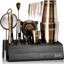 BARE BARREL Mixology Bartender Kit Bar Set | 14-Piece Cocktail Shaker Set | Martini Barware Mixing Tools for Home Bartending | Incl. 35 Recipe Cards | Gift Set (28oz Boston Shaker, Brass/Black)