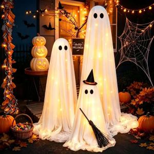 3 Pack Halloween Lighted Ghost Decorations Indoor Outdoor Light Up Ghosts Easy to Assemble Adjustable Height Spooky Halloween Party Decorations for Porch Yard Mantel Home Living Room